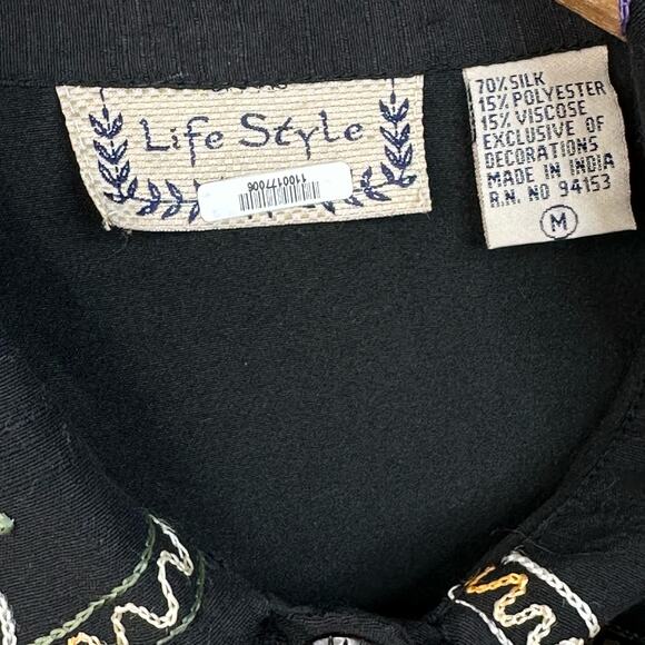 Life Style Black Floral Jacket Lightweight Silk Blend Embroidered Dressy Medium - Picture 4 of 4